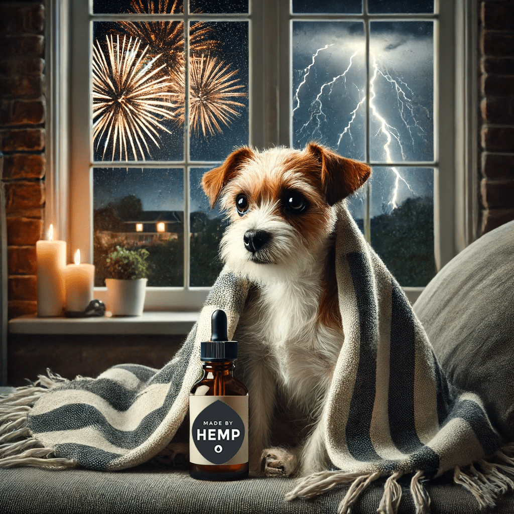 Small dog wrapped in a blanket with a bottle of CBD oil, sitting inside while fireworks and a thunderstorm occur outside the window.