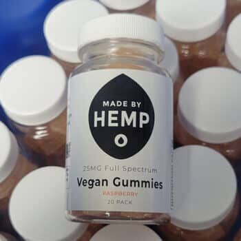 Made By Hemp all natural Vegan gluten free gummies raspberry flavor of the bottle